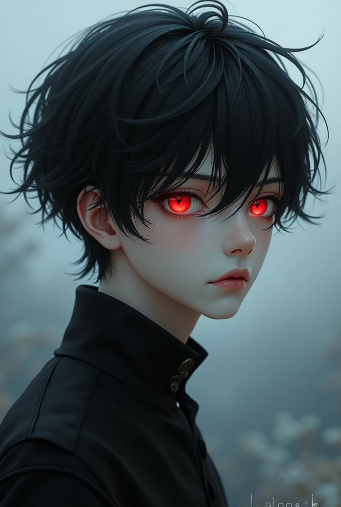 A boy with black hair and red eyes, naturals , Very beauthful , stark