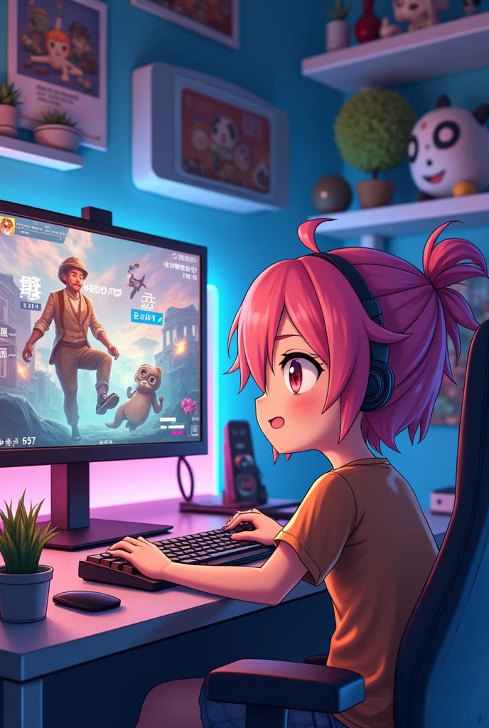 A cute anime playing freefire on his computer