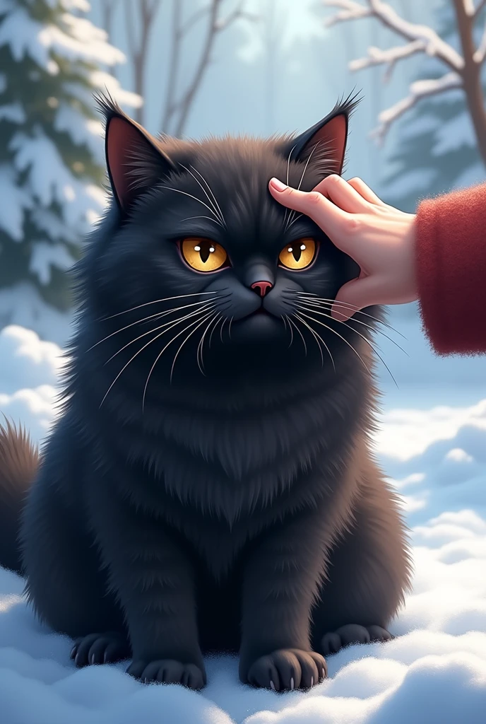 snowy garden、Introvert Black Persian Cat with a human hand on its head petting her, Dissatisfied face、Dissatisfied face、cute、Digital Art、photo、anger vein