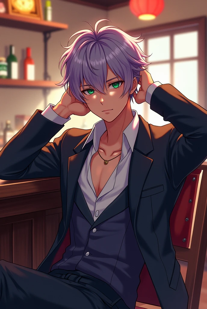 A handsome Japanese ager. Short and messy lilac hair color. Light green eyes. tanned skin. Wears a cool aristocrats outfit. elongate. Sat on a bar. Hands behind his head. Cocky.
