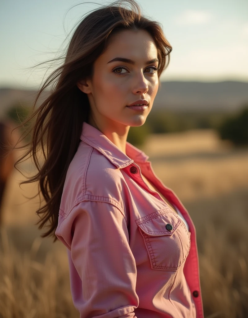 A looking back over the shoulder pose of a sexy face and seducing eye and expression Woman donning a pink flannel shirt at her ranch with breathtaking background scene view, masterpiece, best quality