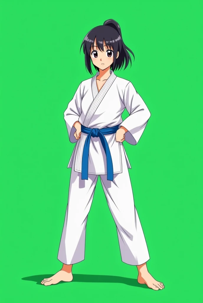 A karate teen girl in karate uniform in white dress and blue belt standing in straight Stance towards the screen and the background is green full screen size in anime style