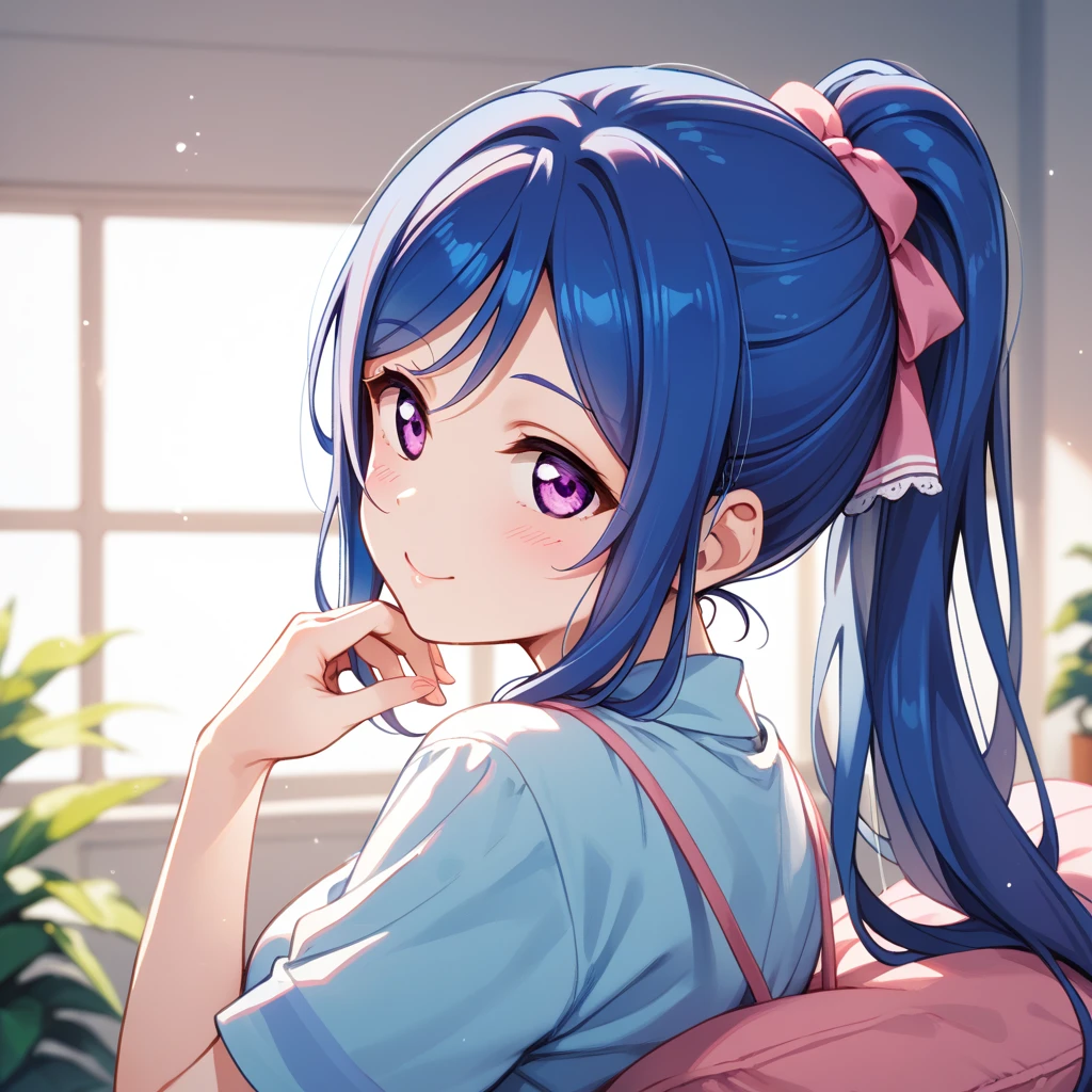 {{{love live!}}}, {{{love live! sunshine!!}}}, {{{matsuura kanan}}}, purple eyes,blue hair,ponytail,