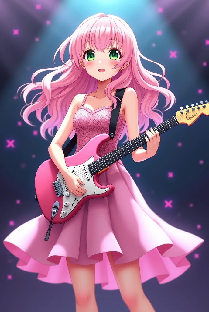 A beautiful  anime girl  with green eyes . She has long curly   faded pink hair . She is on stage holding a pink  guitar  singing.  She is waving at people  . She is wearing a pink sequined  dress.