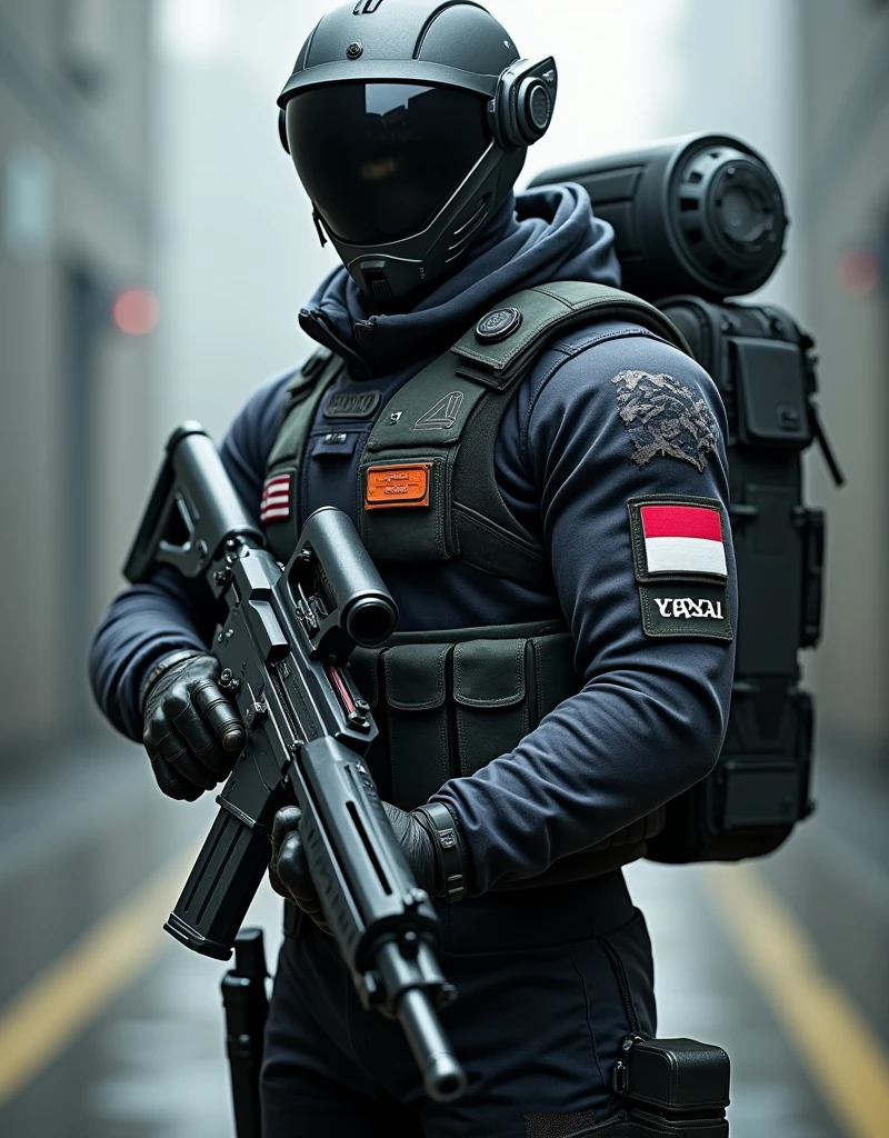 a TNI Kopassus Soldier Indonesia with indonesian flag badge wearing futuristic battle suit camouflage holding a large futuristic weapon, wearing a high tech futuristic helmet with nightvision wearing futuristic military backpack