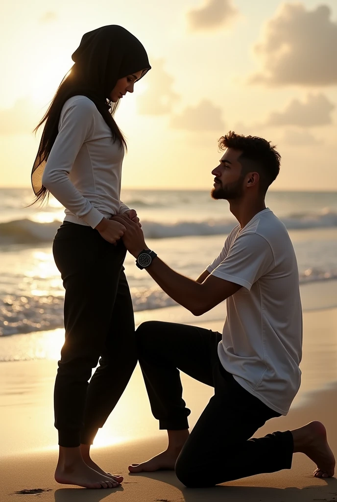Black headscarf on the beach, white long sleeve t shirt, baggy black sweatpants, barefoot, Sexy skinny woman. Man kneeling in front of woman, Woman touching the front of man sweatpants with her foot.