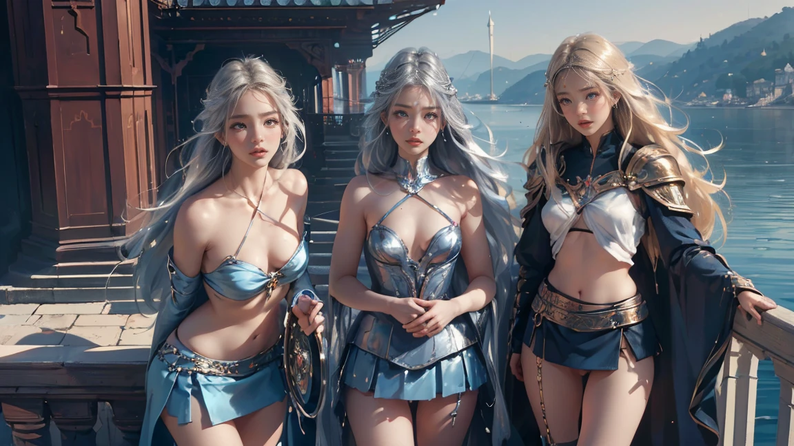 Top quality, masterpiece, very high resolution, (photorealistic: 1.4), Raw photo, (((3 girls))), long straight blond hair cut in a bob, light blue eyes, (beautiful breasts)、shiny skin、(( (beautiful detailed European faces)))、With a beautiful sword and shield、gorgeous and resplendent luminous girls,(Beautiful silver sexy armor、mini skirt, (((Random straight hair))),(((beautiful legs))), (proportionate breasts ), Seductive look, ((beautiful smiling)), ((SEA FRONT BACKGROUND)), (Ultimate beauty), (Detailed and realistic beauty face), ((see pantie)), ((apparent pussy)), (Small LED), ((Super realistic details)), portlate, global lighting, Shadow, octane rendering, 8k, ultra-sharp, exposed raw skin in neckline, metals, Intricate ornament details, very intricate details, Lightweight and realistic (Mystical expression), CGSoation trend, bright eyes, Facing the camera), Gundam, Small LED.(((NFSW,pussy))),