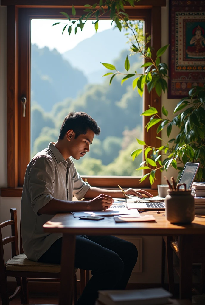 A young boy aged 25 years studying Banking books at home in Nepal