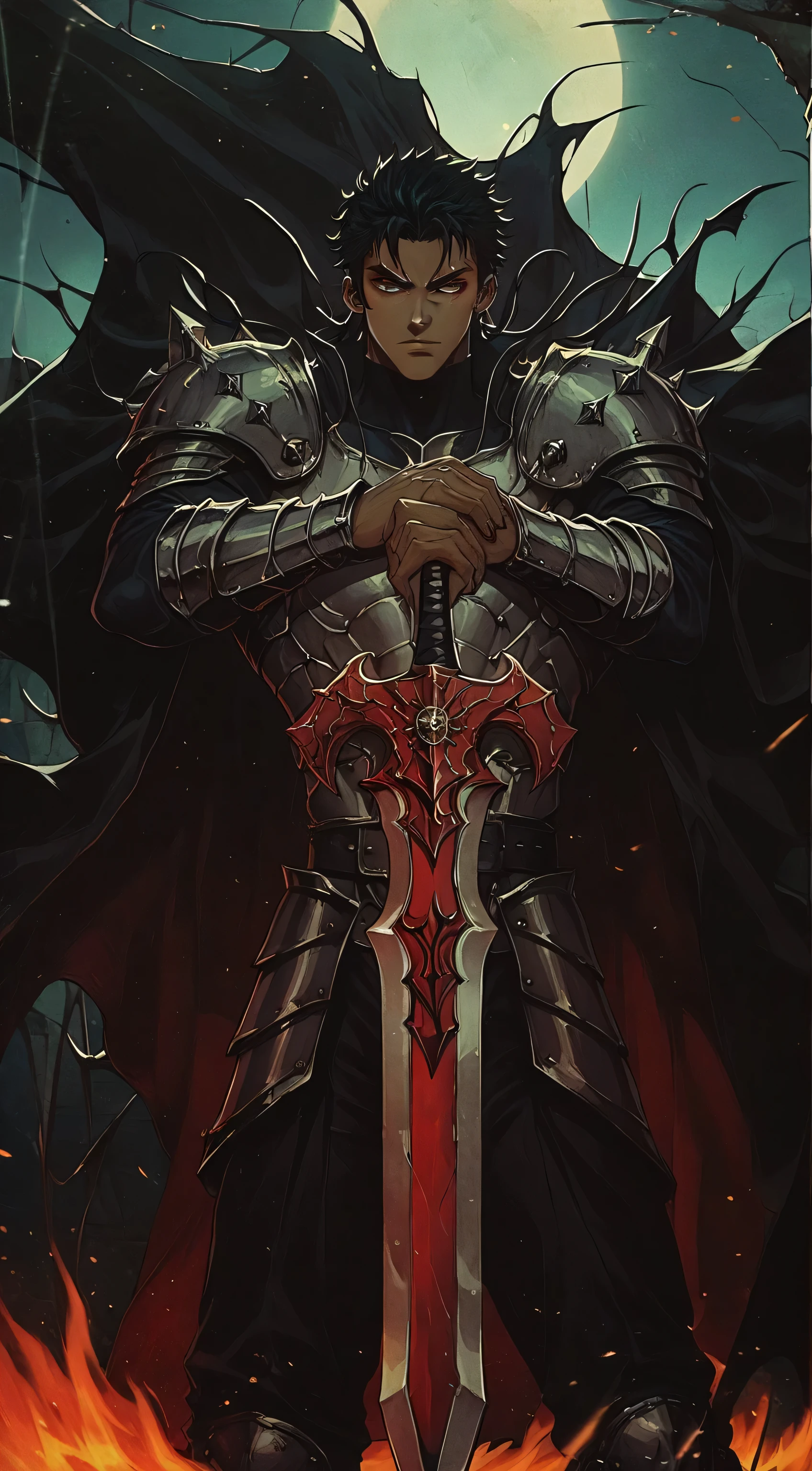 a close up of a person holding a sword in a fire, berserk skullknight black armor, dark skin,berserk art style, handsome guy in demon slayer art, male paladin, a human male paladin,hair tied back, by Yang J, ares with heavy armor and sword, anthropomorphic raven knight, with large sword, epic fantasy art style, holds a black sword