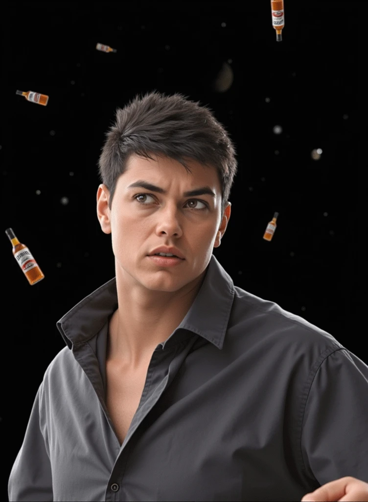 A woman's gaze in the background, while whiskey bottles fell from space into an electronic music concert and with the word of sbagliato on the concert screens, while a planet explodes and a bottle of whiskey is opened by a DJ in the middle of a concert, All this with the look of a woman fainting in the sky and lights everywhere