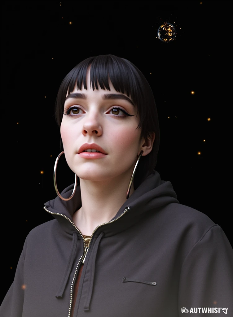  A woman&#39;s gaze in the background, while whiskey bottles fell from space into an electronic music concert and with the word of sbagliato on the concert screens, while a planet explodes and a bottle of whiskey is opened by a DJ in the middle of a concert, All this with the look of a woman fainting in the sky and lights everywhere 