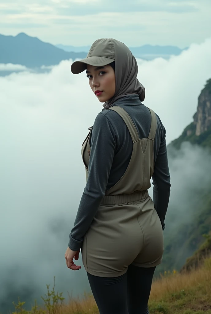 full-body portrait photograph of a young java woman hijab with polo Cap, wearing pinafore with tight-fitting , hotpant with leggings, oversized_breasts.", Big bus, she is hiking, in a unique, photoshot model, ((in sea of clouds over the mountain))), pullover, highres, 4k, HDR, 1girl, photorealistic, realistic, big booobs, turning away facial at viewer, closeup
