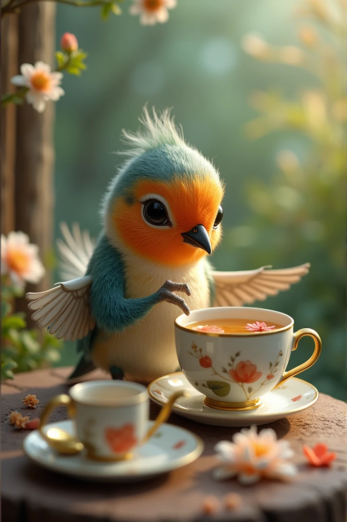 Bird drink tea with our hand