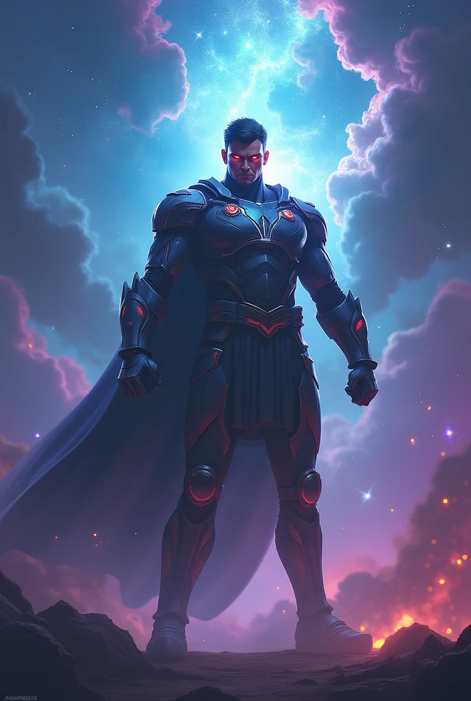 Space, nebula background, beautiful, background, bgmi character, standing, angry eyes, heroic look