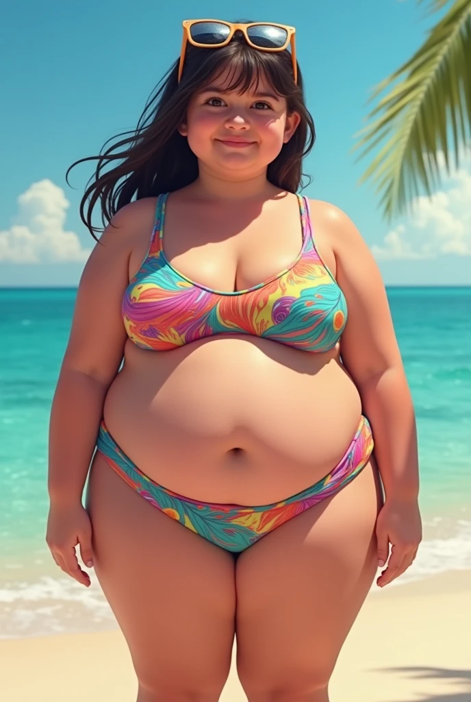 The girl of about 12 dressed in her colorful one-piece swimsuit with thin straps and a round neckline and her very large stomach