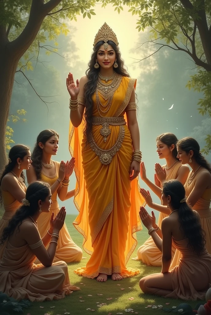 Create an image of Radha Rani in a serene and divine setting, surrounded by devotees. Radha Rani is depicted as a graceful and compassionate figure, wearing traditional attire with intricate details. The devotees, who are shown in various postures of devotion and reverence, are receiving her care and blessings. The background should be a lush, spiritual landscape, with soft, ethereal lighting that highlights the sacred and nurturing atmosphere of the scene