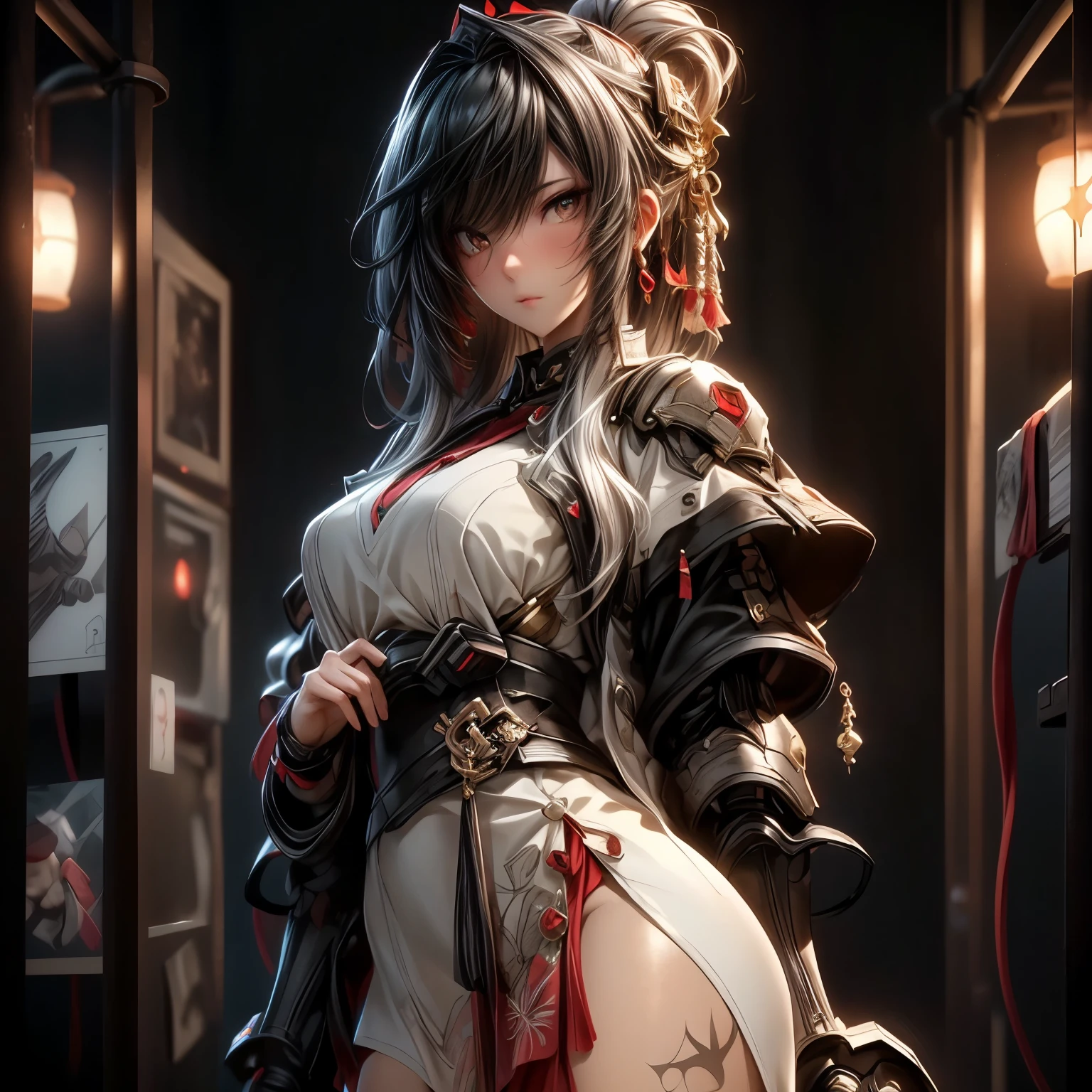 (best quality)), ((Masterpiece)), (details:1.4), 3d, HDR (high dynamic range), an image of a beautiful cyberpunk female, fantasy, medieval, Cyberpunk, black hair, Sleek style, Curtain Bangs, Beautiful White eyes, จมูกโด่ง, ปากแดง, หน้าอกใหญ่, nvidia RTX, PBR surface, After processing, Anisotropic filtration,depth of field, Maximum clarity and clarity, multi-layered surface, Subsurface scattering, perfect proportions, 8K raw files, ultra detailed, Perfect proportions, volumetric lighting, soft lighting, Holy Paldin, Heavy Golden Armor, white dress, intricate Silver embroidery, glossy skin, Bed room Background, jewely, ต่างหู, นิ้วมือสมบูณ์, mini black skirt,