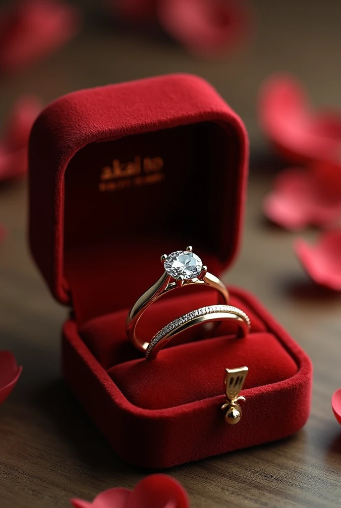pair of wedding rings and engagement ring in gold color in a velvet box the men's ring is simple, only smooth and matching the women's ring the women's ring has a shiny minimalist diamond stone reminiscent of a flower and around it a braided finish with small diamonds on the inside of the rings the word is written "AKAI TO"