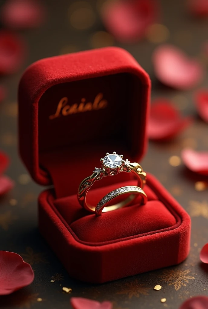 pair of wedding rings and engagement ring in gold color in a velvet box the men's ring is simple, only smooth and matching the women's ring the women's ring has a shiny minimalist diamond stone reminiscent of a flower and around it a braided finish with small diamonds on the inside of the rings the word is written "AKAI TO"