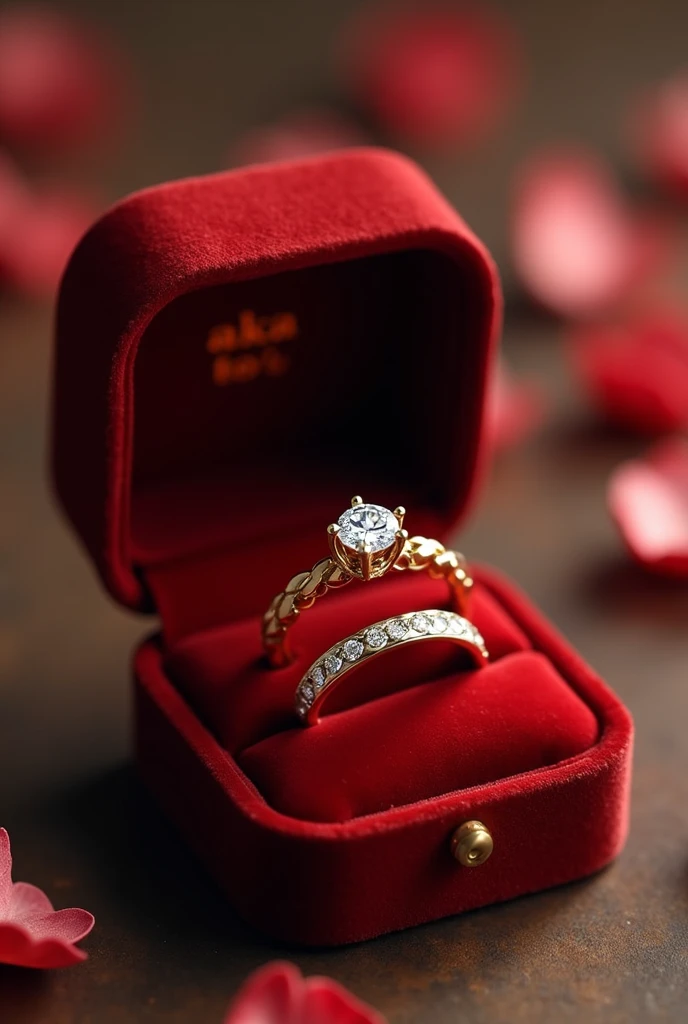 pair of wedding rings and engagement ring in gold color in a velvet box the men's ring is simple, only smooth and matching the women's ring the women's ring has a shiny minimalist diamond stone reminiscent of a flower and around it a braided finish with small diamonds on the inside of the rings the word is written "AKAI TO"