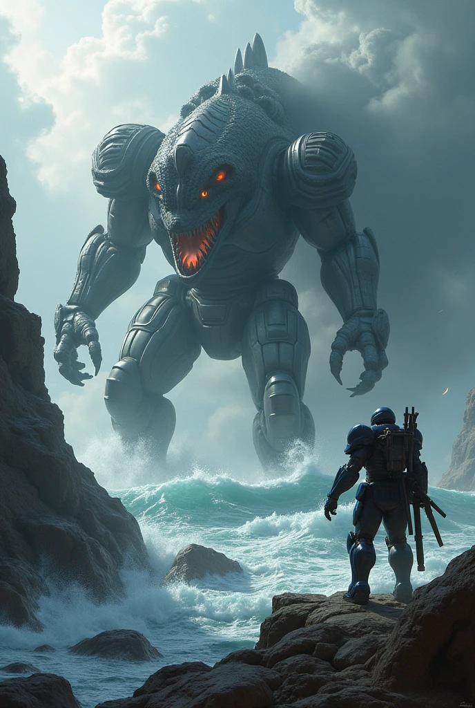 make a picture of a mecha fighting a sea monster