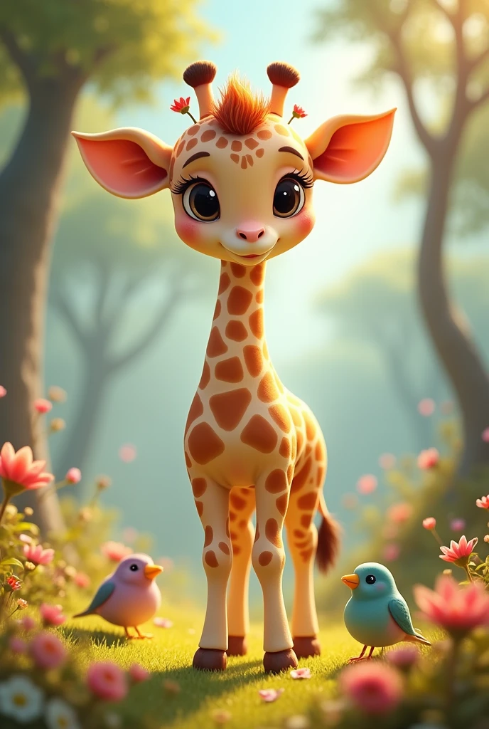 A whimsical, photorealistic 4K depiction of an enchanting forested savanna scene featuring a young, charming giraffe. The giraffe has an endearing, cartoon-like appearance, with large, gentle eyes that reflect a friendly and inquisitive nature. Its coat blends soft pastel hues such as light amber, beige, and rose, with delicate flowers and small vines subtly woven into its short mane and spots. The background is a vibrant mixture of acacia trees, colorful wildflowers, and soft sun rays filtering through the foliage, casting dappled patterns on the ground. Birds with bright plumage are perched nearby, adding to the serene and magical ambiance. Art inspirations: Studio Ghibli, Disney. Lighting: Soft, natural sunlight with scattered rays. Camera: Close-up with slight elevation for a dynamic angle. Render: Blender Cycles, 4K resolution.