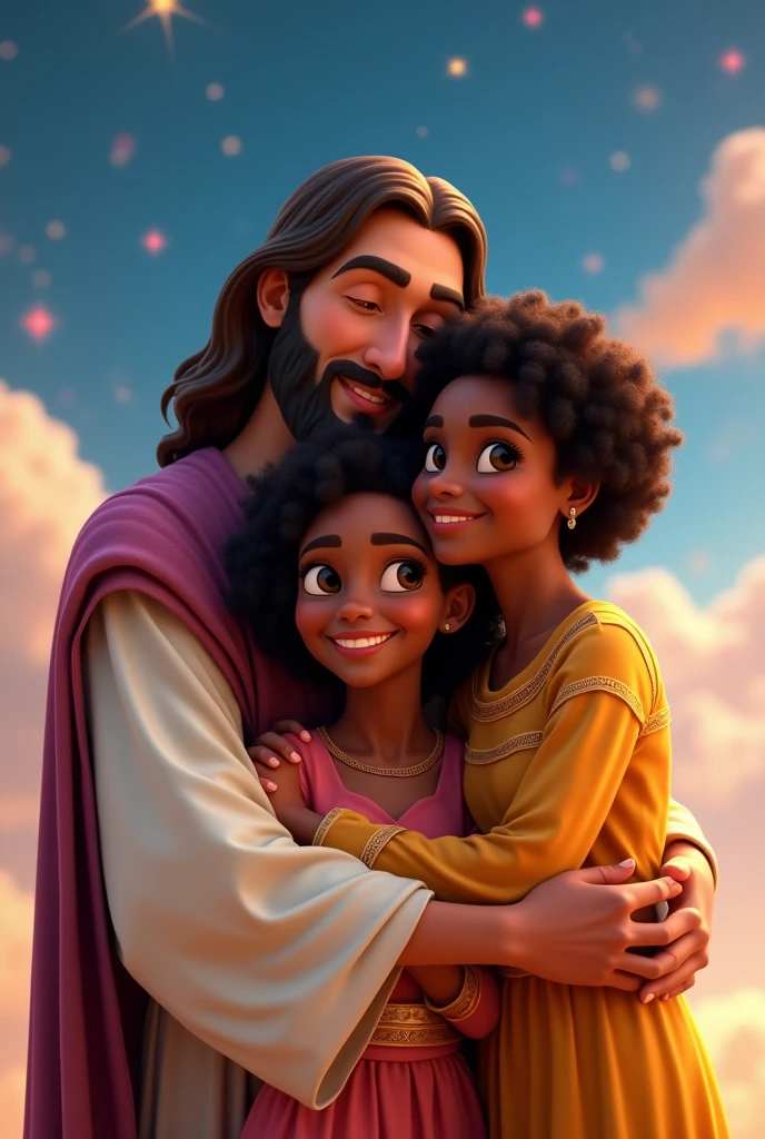 Disney Pixar poster of Jesus of Nazareth hugging a 2 black woman,short curly dark hair 