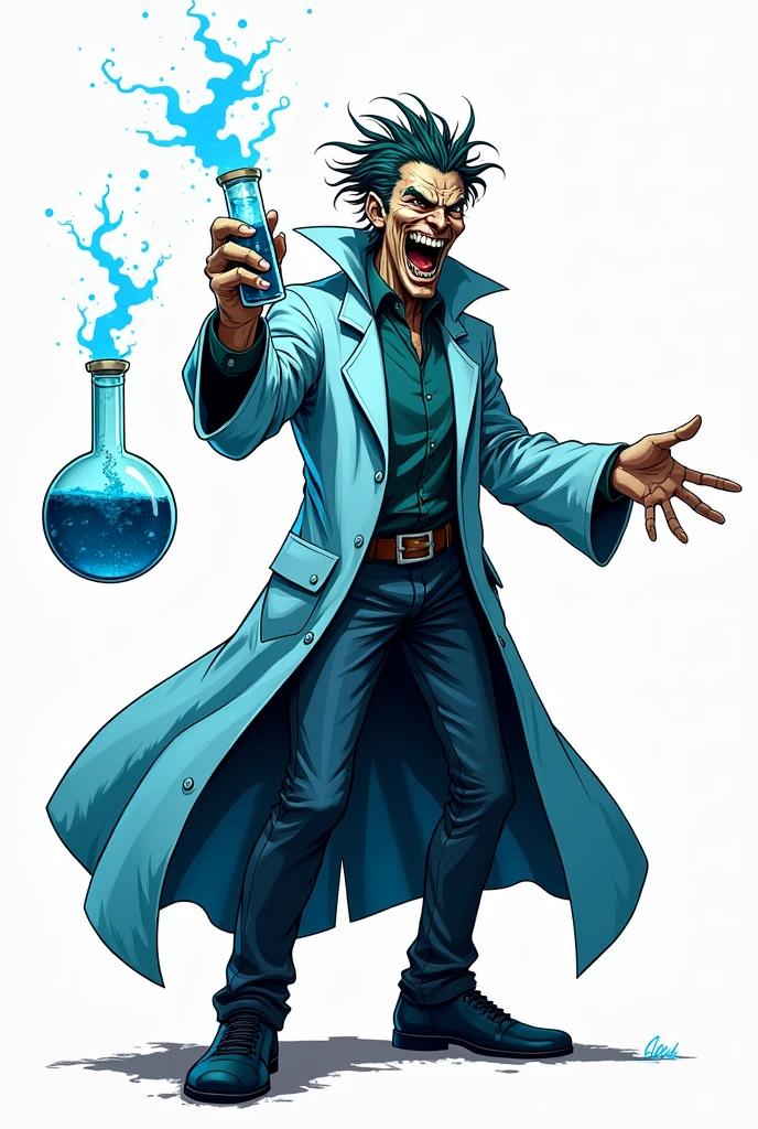 comic book art with a white background of an evil scientist laughing hysterically with one hand holding a test tube and the other arm open in shades of blue