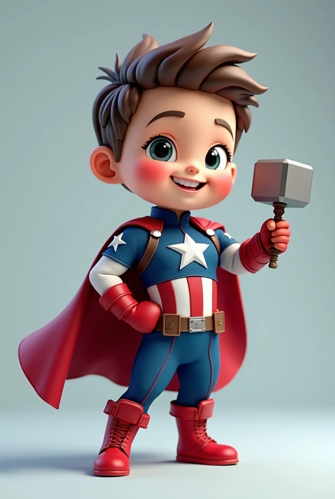 cute, Dressed as Captain America, smile, Hand holding the hammer of Mjolnir, cute, fantasy scene, Skin Real, Ultra-realistic,whole body,Stand in the center of the frame, (Hyperrealism:1.1),(detailed:1.2),Studio Background