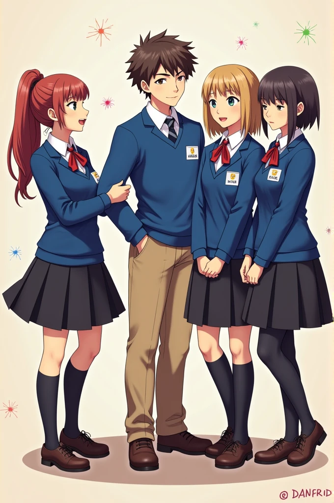 Create me an image 3 students wearing blue uniform black skirts and 1 boy wearing blue uniform and khaki pants
the 3 students girls name is Abegail , Bernadeth and Hannah
the 1 students boy name is Danred
include their name the image