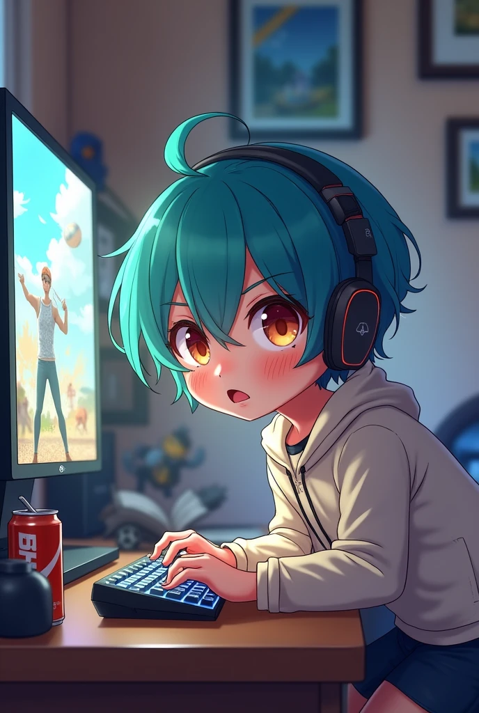 A cute anime boy playing freefire on his computer