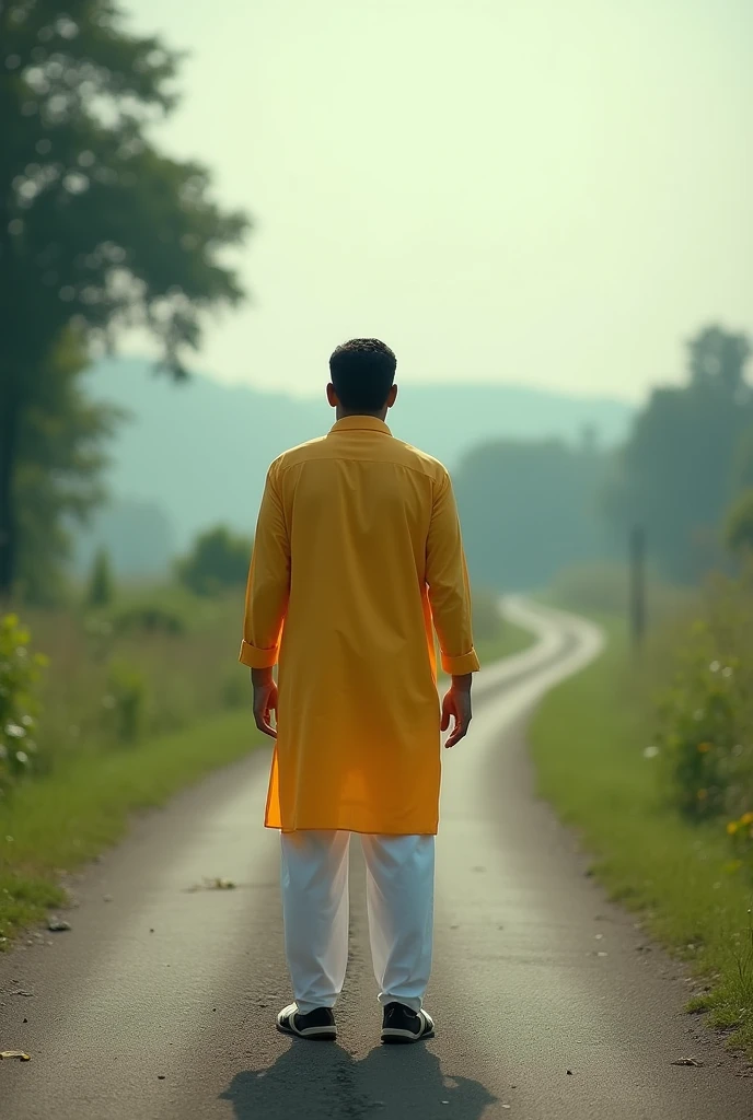 a man in a alone road and he wear yellow panjabi and white trouser. img taken from behind and write a stylish text - বিভ্রান্ত বাউন্ডুলে