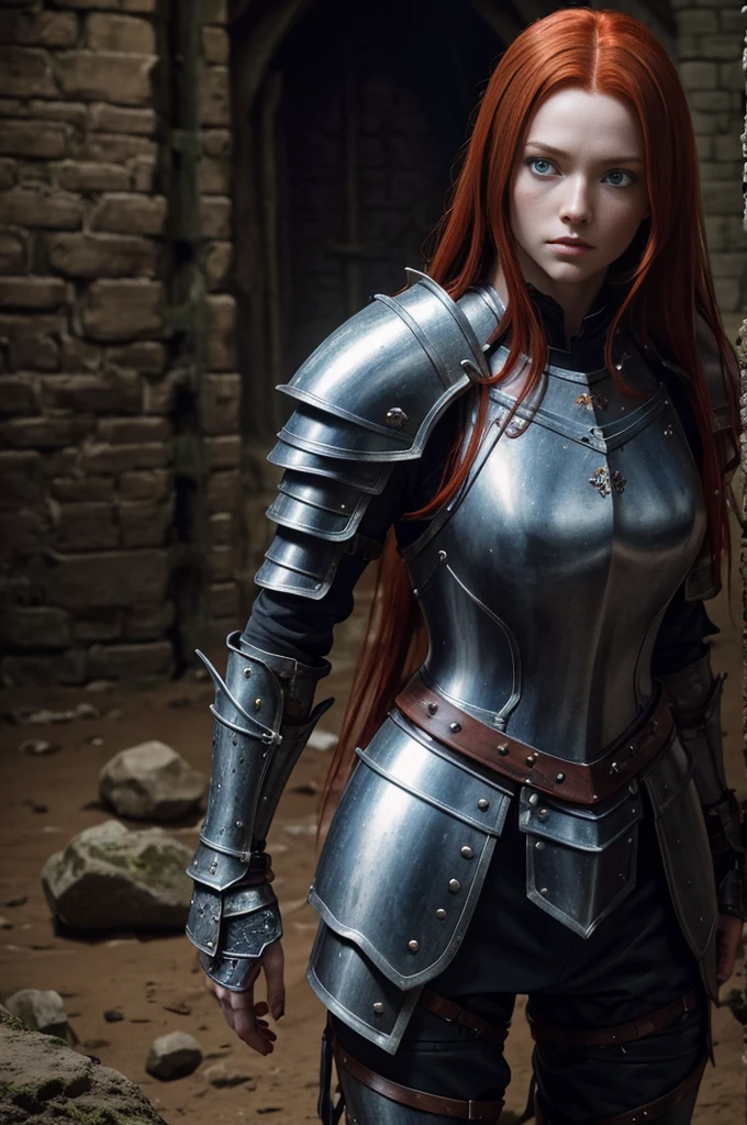 1 Redhead girl with long dark red hair, Has deep blue eyes, Wearing medieval armor. Dragon style armor, Locked in a dungeon and chained, All covered in mud, The body is full of wounds, The rats are walking around, (Ultra-realistic wire hair) (Highly detailed and realistic armor) Better HDR, Ultra-Realistic Lighting 1.4, The world&#39;s best ray tracing, (Armor Ray Tracing) Realistic dungeons, Realistic chain, Realistic Face, Beautiful and realistic eyes, Ultra-realistic breasts, A realistic moment, Ultra-realistic hands.