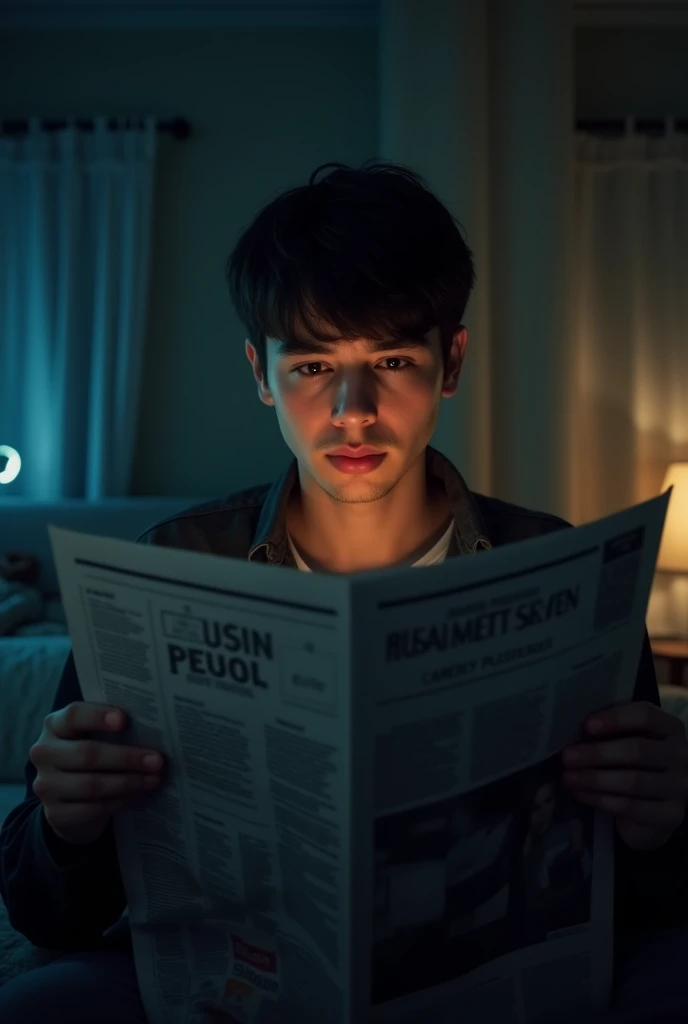 Young man read paper without light at night I'n room
