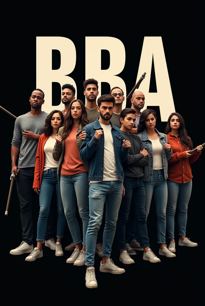 We are students of BBA and want to create a do for our social media group. So create a pic in which a army or gang or group of boys and girls are standing holding guns or rods and BBA is written behind them in big letters. Leave top and bottom of photo in plain black colour so we can crop the photo to make it of ratio 1:1