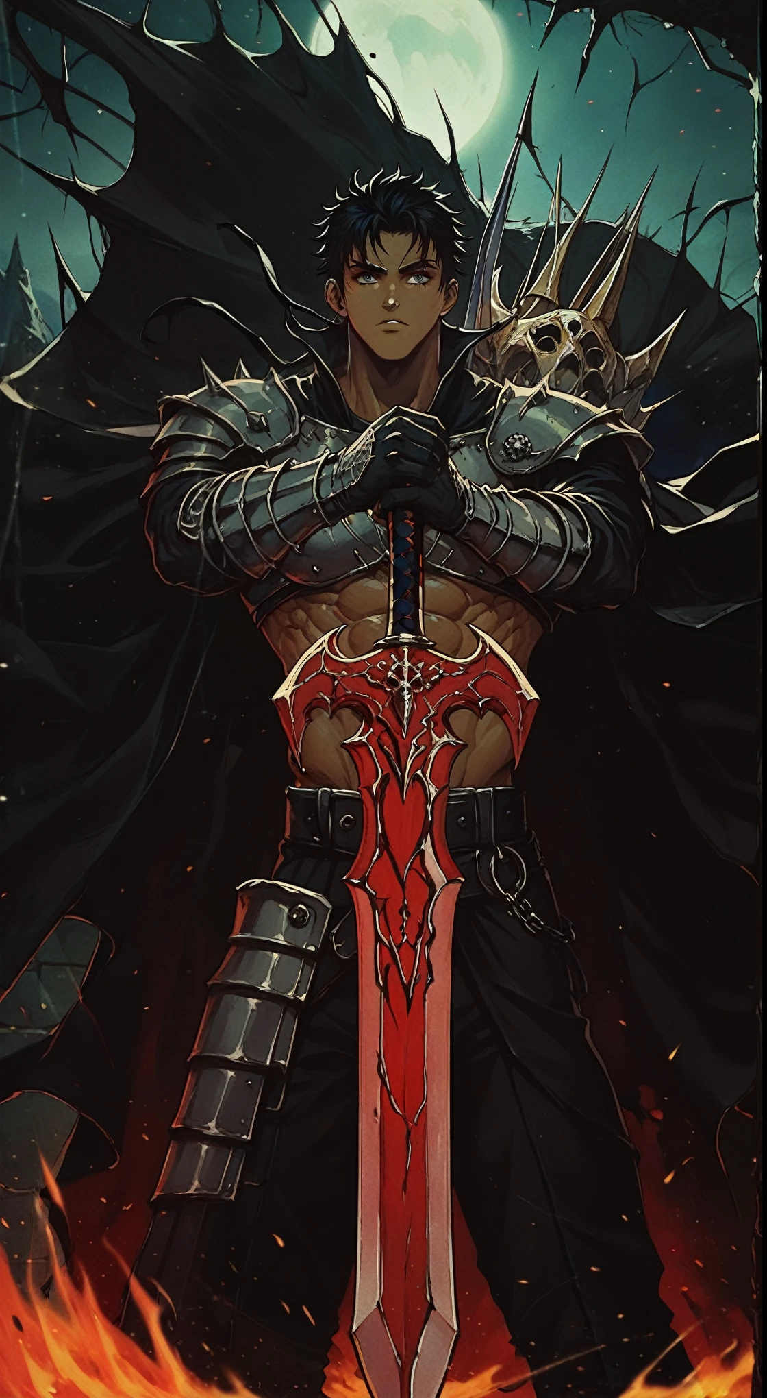 a close up of a person holding a sword in a fire, berserk skullknight black armor, dark skin,berserk art style, handsome guy in demon slayer art, male paladin, a human male paladin,hair tied back, by Yang J, ares with heavy armor and sword, anthropomorphic raven knight, with large sword, epic fantasy art style, holds a black sword