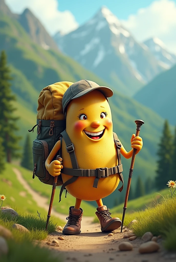 Potato on a hike with hiking poles and a large backpack