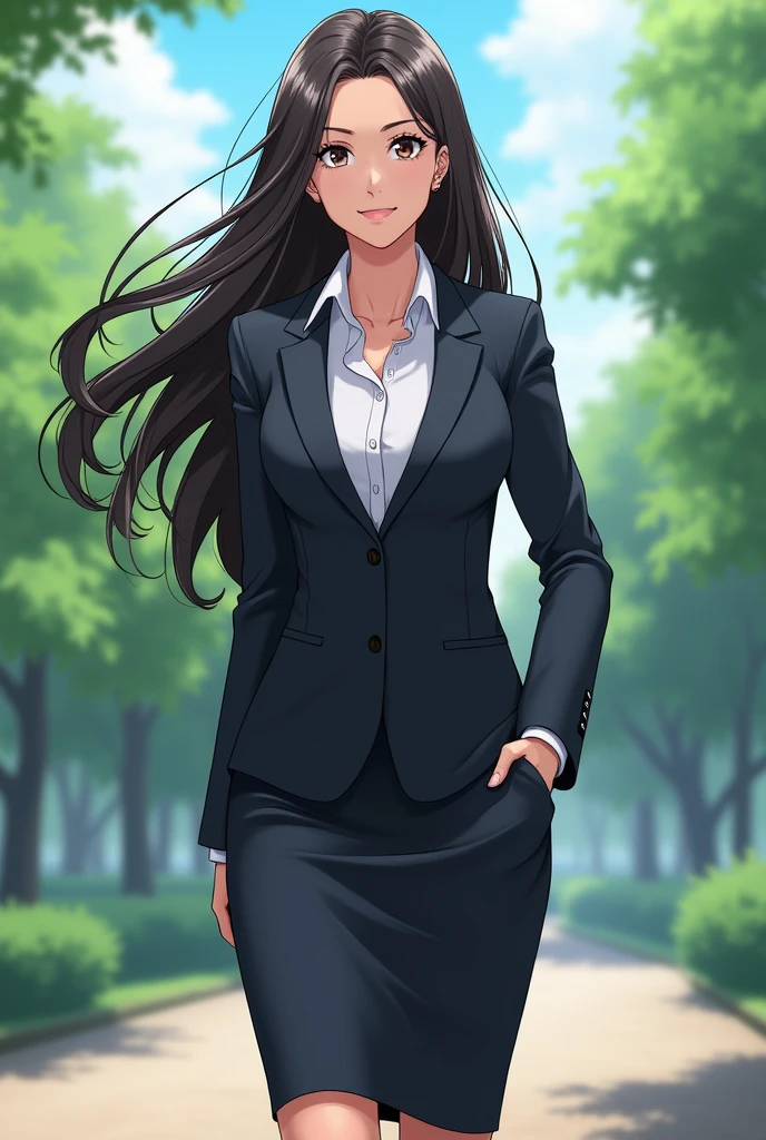 mature women in manager uniform, long hair, standing pose, outdoor, anime,, absurdres , highres, ultra detailed, (1girl:1.3),