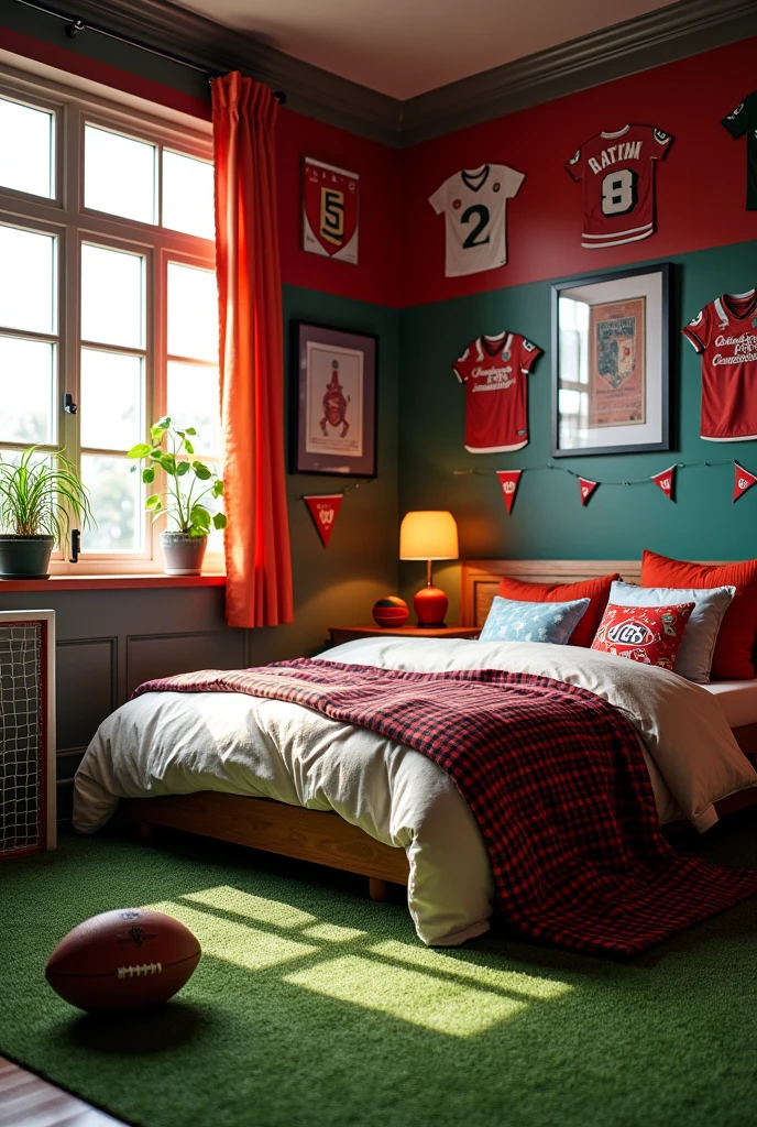 A room with a bed in the football themed room 