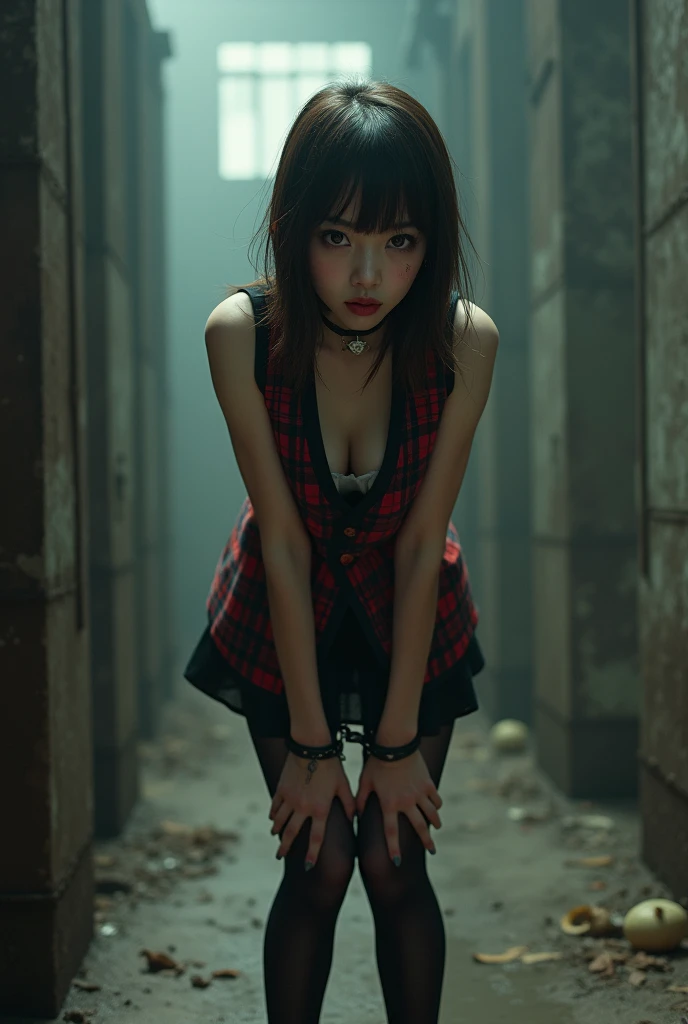 Urzan-6500-v1.1, (RAW Photos:1.2), (Realistic), (Genuine:1.4), 1girl、Perfect Anatomy、4、Looking into the camera、Medium Long Hair、Plaid vest、((Are standing:1.3))、(Ultra-realistic pantyhose:1.2), (High heels)、(Business services)、Victim actress, shame、Shyness、evidence、Seized items、Red lips, blush,Edo Capture Techniques、 BDSM, Inside an abandoned factory, shibari, handcuffs, collar, (suspension:1.6), Arms tied, Place your arms behind your back, Inhibition, Leaning forward,