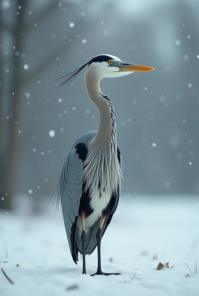 closed eye and attention heron  with snow background 
