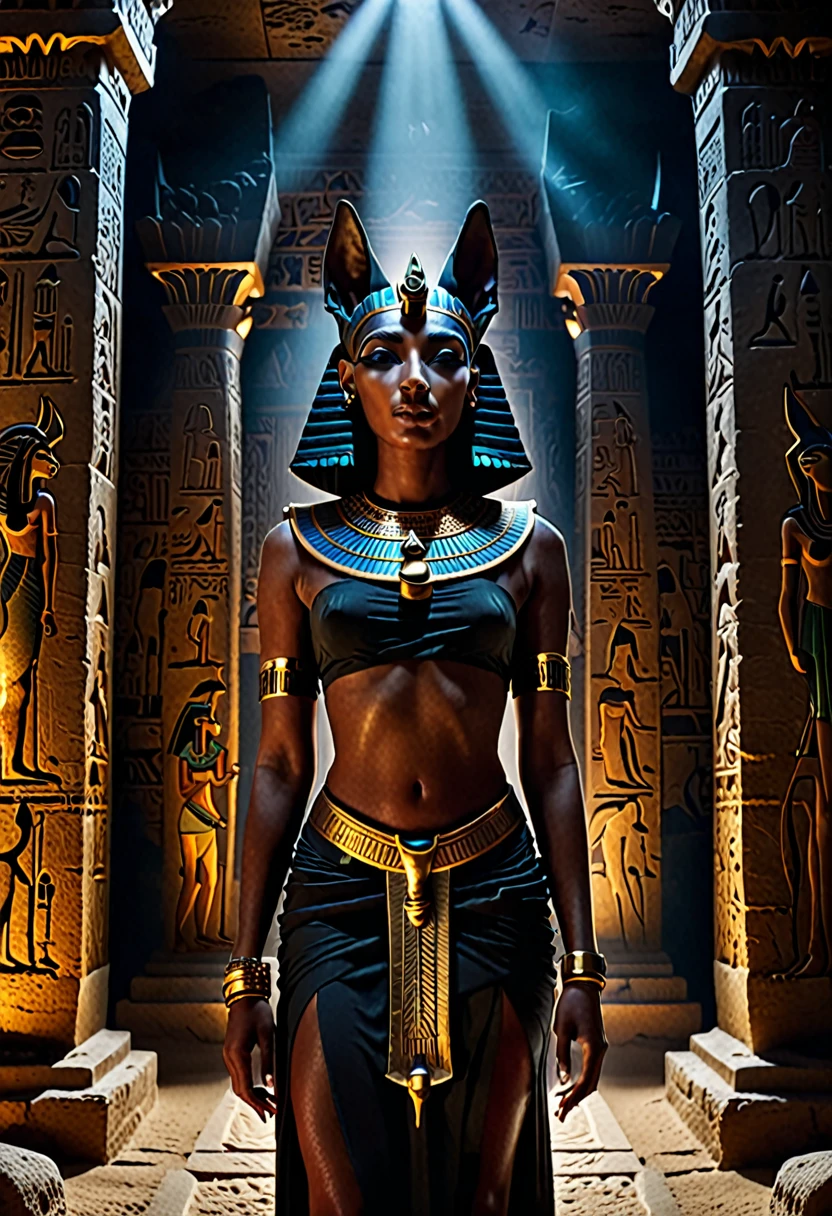a dark egyptian catacomb with anubis the jackal headed god, 1girl, 18yo, young. dark lighting, cinematic atmosphere, hyper detailed, dramatic lighting, chiaroscuro, occult, mystical, moody, ominous, (best quality,4k,8k,highres,masterpiece:1.2),ultra-detailed,(realistic,photorealistic,photo-realistic:1.37),intricate details,dramatic shadows,intense contrast,dramatic lighting,moody atmosphere,cinematic feel,dark and ominous,ancient egyptian,mythology,supernatural,mystical,occult,dramatic pose,intense focus,intense detail