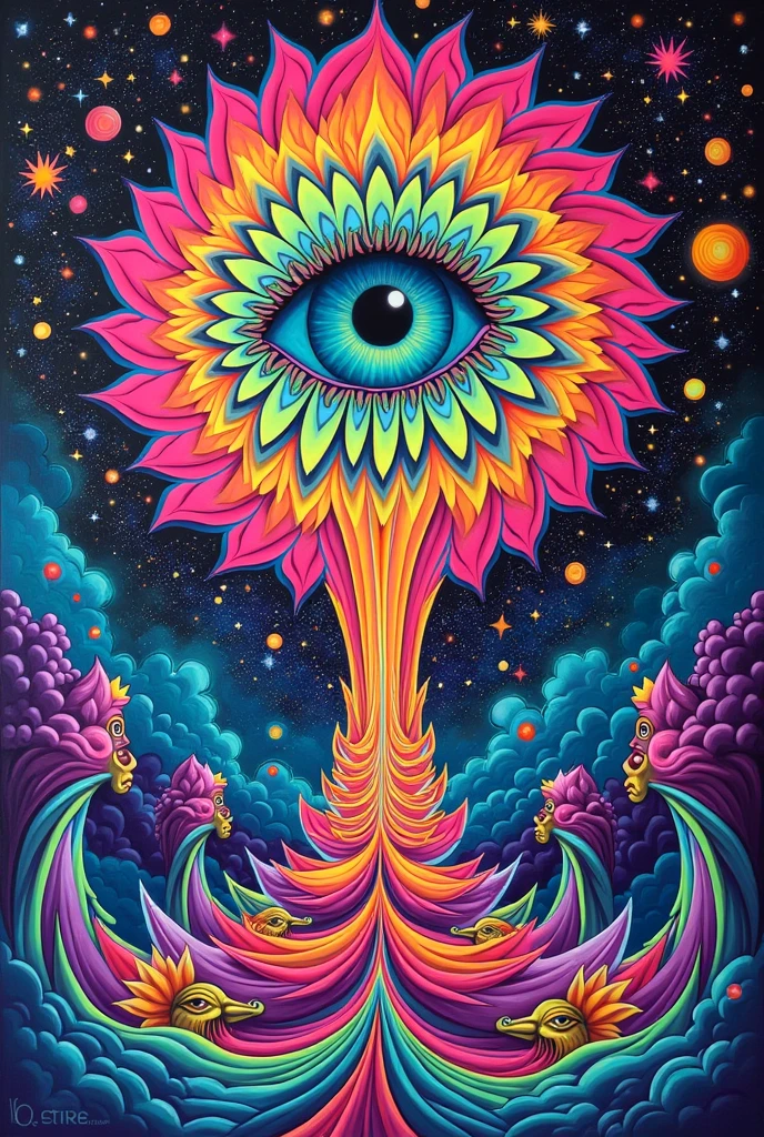 
Description of the painting:

The painting features a vibrant and fluorescent color palette, with dominant neon tones such as fuchsia, lime green, electric blue, and bright orange. The background is a whirlwind of geometric patterns and spirals that seem to move and undulate. In the center, there is a giant eye with a dilated pupil, radiating multicolored rays of light in all directions, creating a sense of expansion and depth.

Around the eye, there are abstract shapes that intertwine like fractals, with details of mandalas and kaleidoscopic figures. These shapes are filled with small details that, upon closer inspection, may appear as symbols, flowers, and surreal creatures. The lines are smooth yet complex, giving the impression that the figures emerge and dissolve into space.

At the top of the painting, there is a surreal sky where iridescent colored clouds float alongside twinkling stars that seem to form unknown constellations. Below, at the bottom, the ground is not solid; instead, it is a liquid sea of colors with waves rising to form ethereal figures, like faces that seem to be watching the viewer.

The painting as a whole conveys a sense of a journey through the mind, with a balance between the beautiful and the unsettling, typical of psychedelic art.