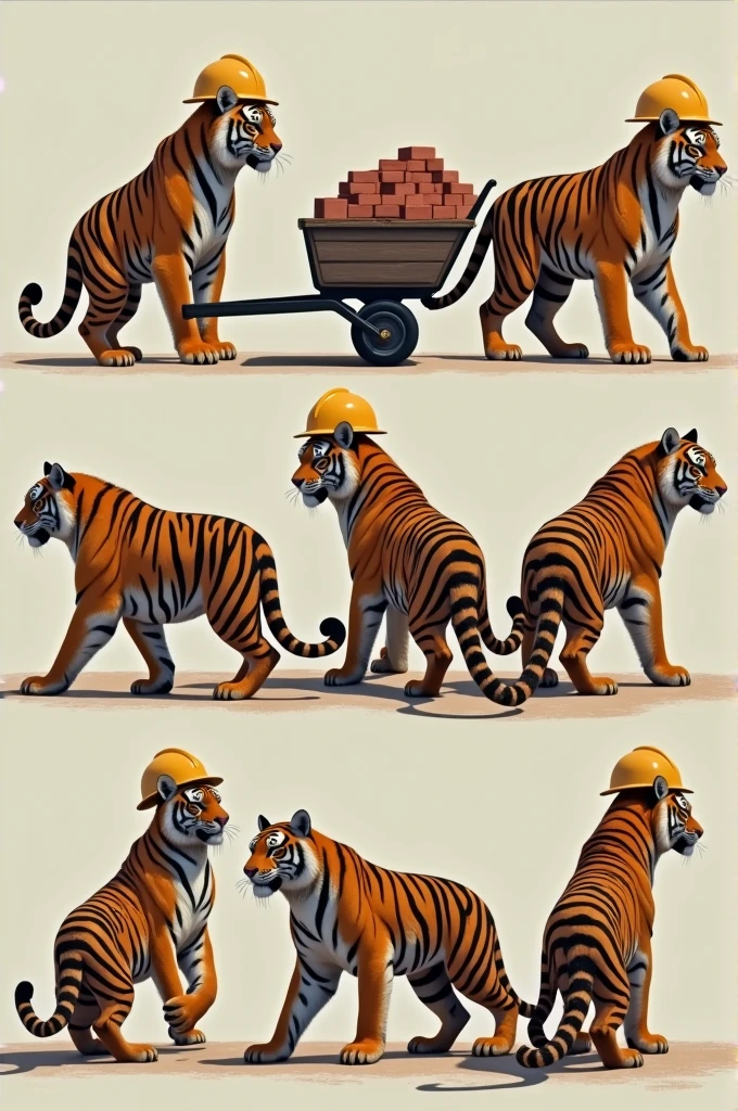 6 images of a tiger with a safety helmet carrying a wheelbarrow with bricks