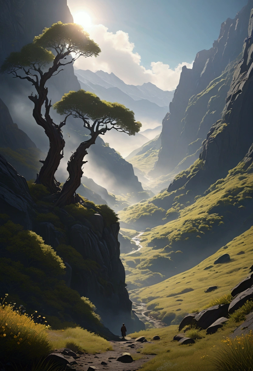 Generate a detailed male human with a hybrid body, Show organic、Seamless integration of mechanical and cybernetic elements. Stimulate people's imagination. Desolate landscape of valley and mountains, Thick fog shrouded, Sunshine is scarce, Thick trunk, In surreal landscapes, 4K, Movie Lighting, Natural Lighting, Film Grain, Movie Lighting, High Detail, Photorealism, Photorealismistic, Volumetric lighting and shadows