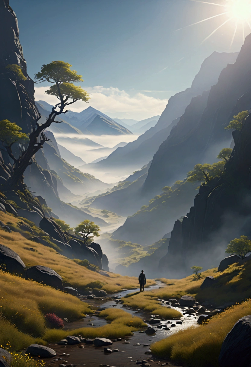Generate a detailed male human with a hybrid body, Show organic、Seamless integration of mechanical and cybernetic elements. Stimulate people's imagination. Desolate landscape of valley and mountains, Thick fog shrouded, Sunshine is scarce, Thick trunk, In surreal landscapes, 4K, Movie Lighting, Natural Lighting, Film Grain, Movie Lighting, High Detail, Photorealism, Photorealismistic, Volumetric lighting and shadows