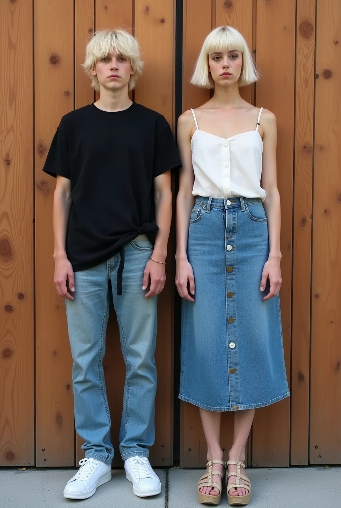 Create a split image of the same boy with short blond hair, androgynous face and body wearing a black shirt, jeans and white sneakers on one side and on the other wearing a thin-strap blouse, blue denim skirt and wedge sandals on his feet with a wooden wall in the background with the same hair.