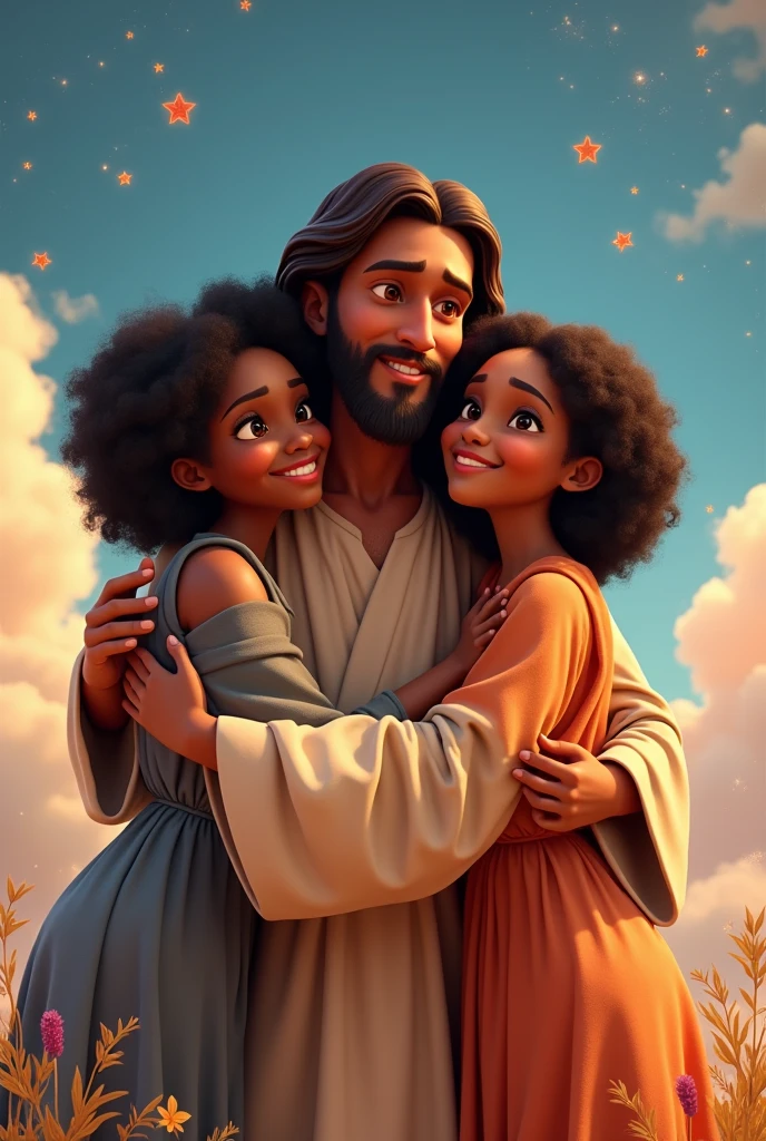 Disney Pixar poster of Jesus of Nazareth hugging a 2 black woman,short curly dark hair