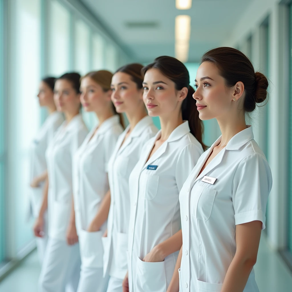 Five beautiful female nurses in a row.