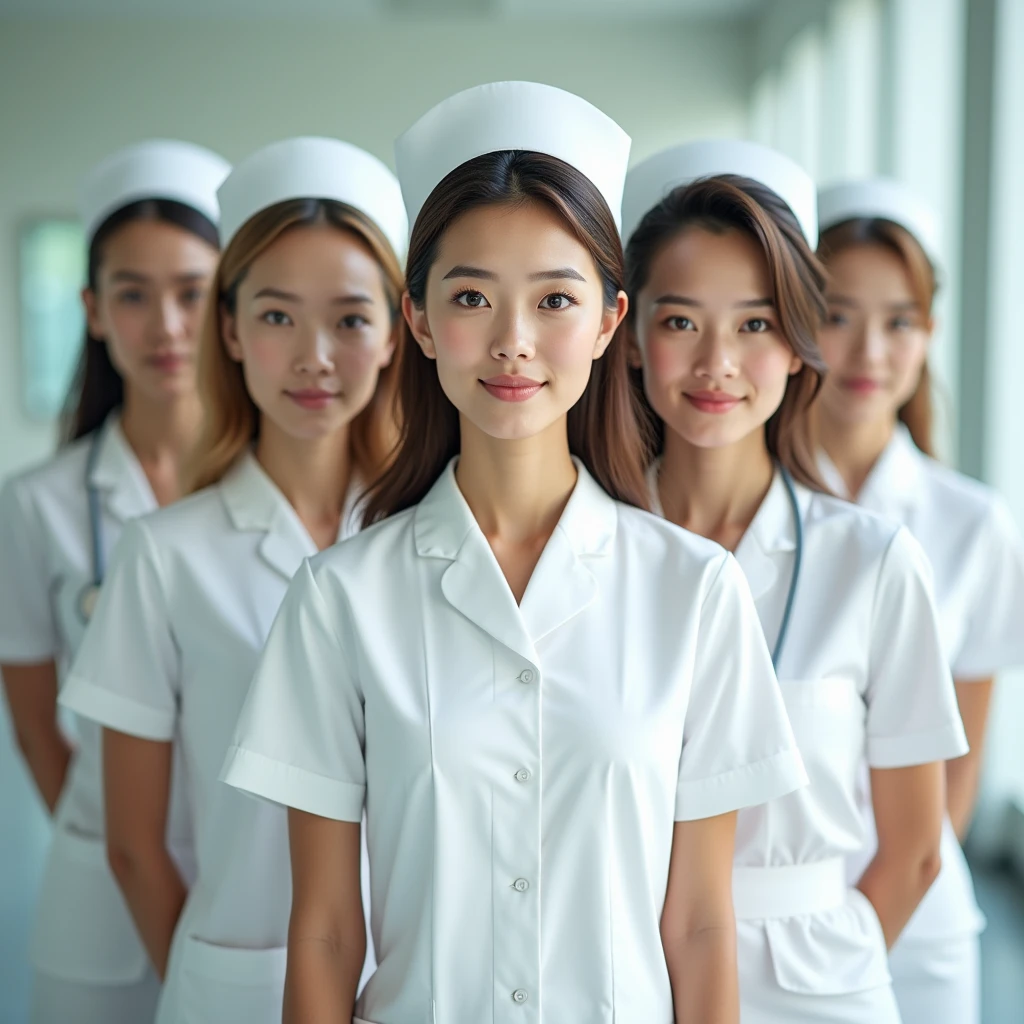 Five beautiful female nurses in a row.